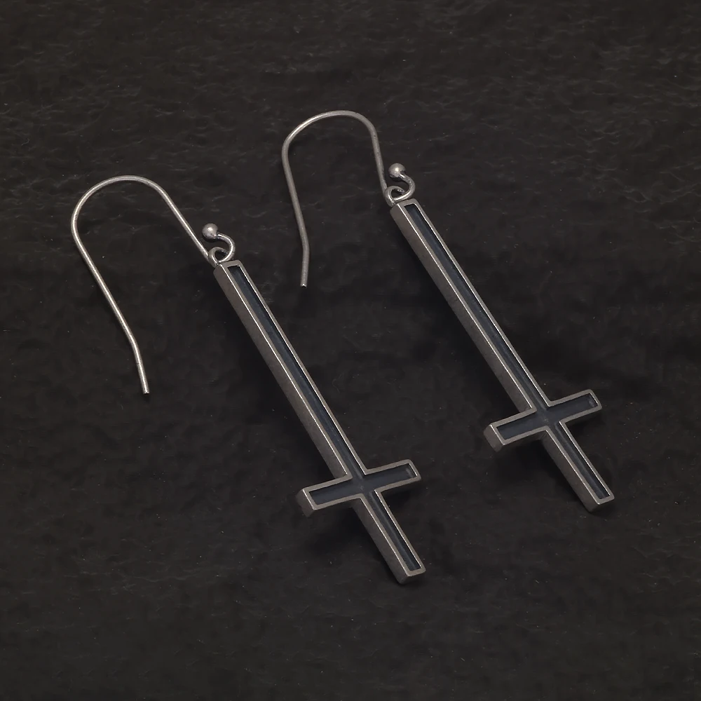 925 Sterling Silver Upside Down Cross Pendant Dangle Earrings for Men Women Gothic Retro Hip Hop Punk Hypoallergenic Ear Jewelry