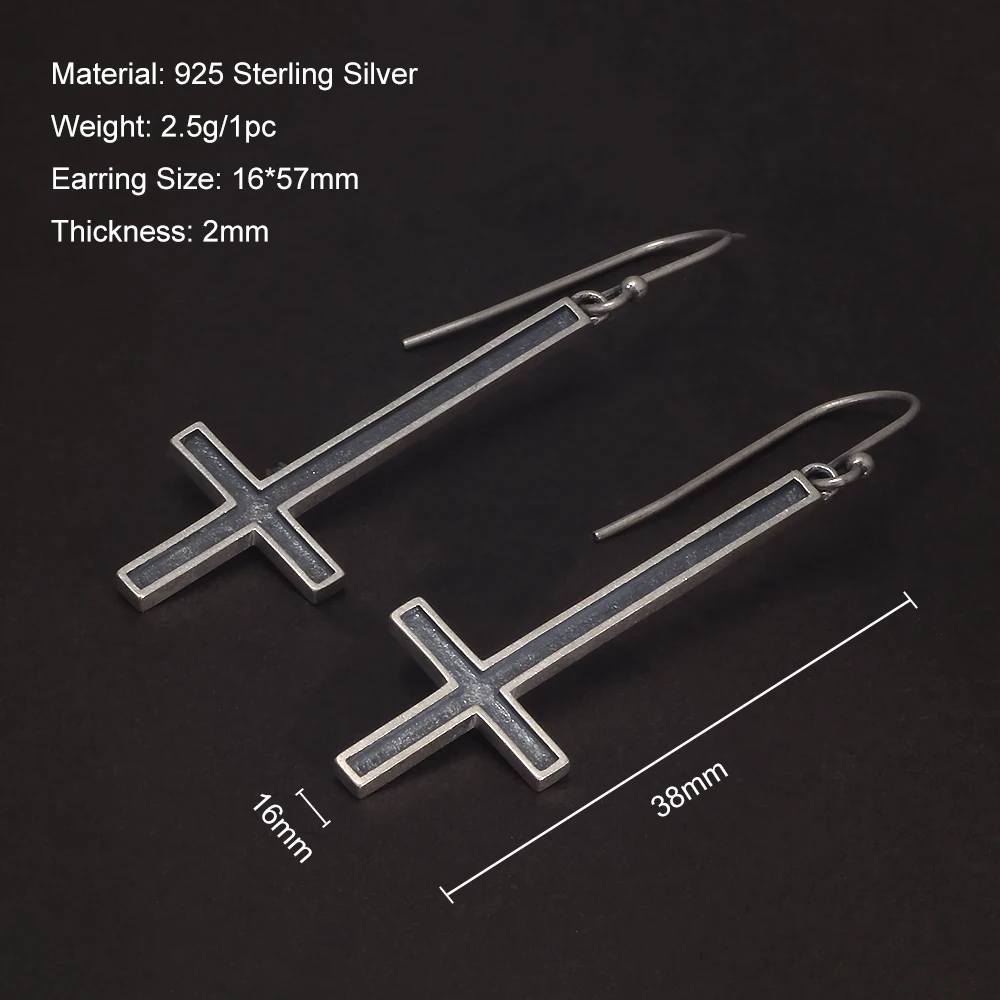 925 Sterling Silver Upside Down Cross Pendant Dangle Earrings for Men Women Gothic Retro Hip Hop Punk Hypoallergenic Ear Jewelry