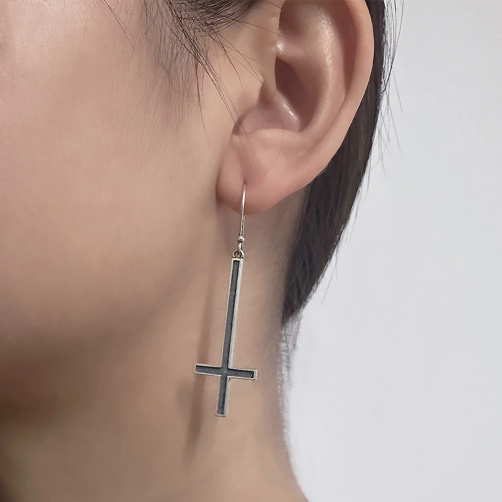 925 Sterling Silver Upside Down Cross Pendant Dangle Earrings for Men Women Gothic Retro Hip Hop Punk Hypoallergenic Ear Jewelry