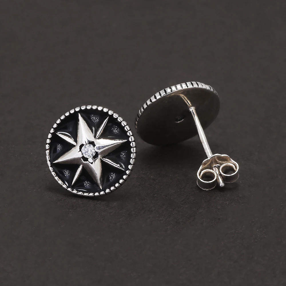 9mm 925 Sterling Silver Star Black Enamel Round Shaped Stud Earrings for Men Women Sun Ear Studs Punk Retro Fashion Jewelry