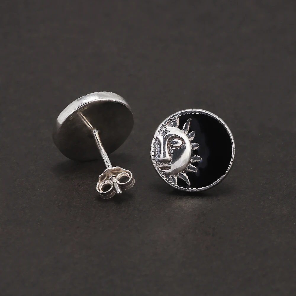 9mm 925 Sterling Silver Star Black Enamel Round Shaped Stud Earrings for Men Women Sun Ear Studs Punk Retro Fashion Jewelry