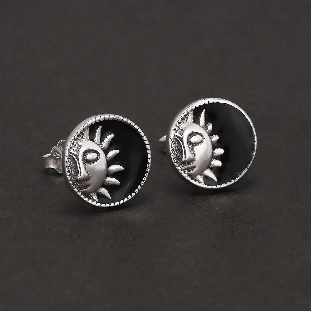 9mm 925 Sterling Silver Star Black Enamel Round Shaped Stud Earrings for Men Women Sun Ear Studs Punk Retro Fashion Jewelry
