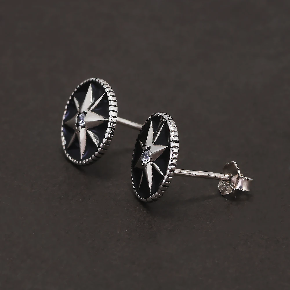 9mm 925 Sterling Silver Star Black Enamel Round Shaped Stud Earrings for Men Women Sun Ear Studs Punk Retro Fashion Jewelry