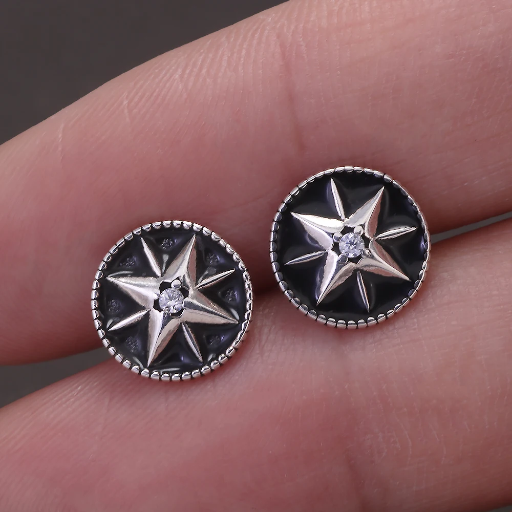 9mm 925 Sterling Silver Star Black Enamel Round Shaped Stud Earrings for Men Women Sun Ear Studs Punk Retro Fashion Jewelry