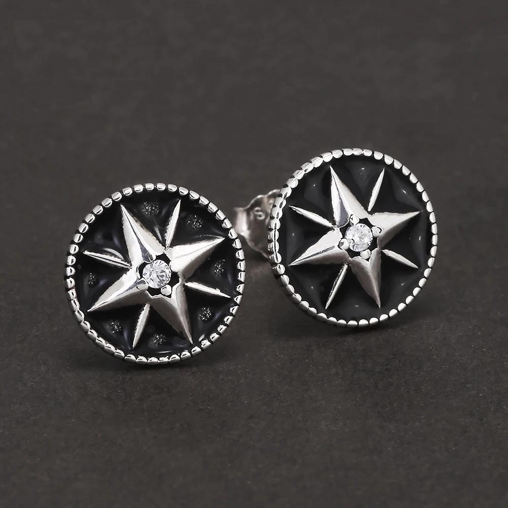 9mm 925 Sterling Silver Star Black Enamel Round Shaped Stud Earrings for Men Women Sun Ear Studs Punk Retro Fashion Jewelry