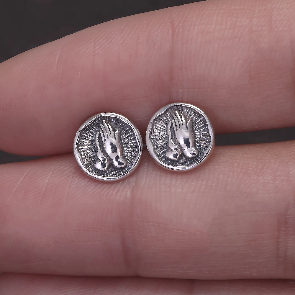 925 Sterling Silver Christian Stud Earrings for Men Women Prayer Hand Round Shaped Hip Hop Punk Ear Stud Fashion Retro Jewelry