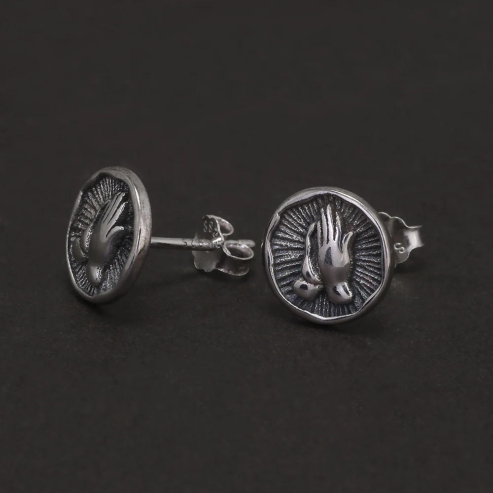 925 Sterling Silver Christian Stud Earrings for Men Women Prayer Hand Round Shaped Hip Hop Punk Ear Stud Fashion Retro Jewelry