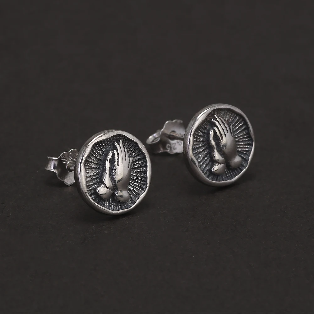 925 Sterling Silver Christian Stud Earrings for Men Women Prayer Hand Round Shaped Hip Hop Punk Ear Stud Fashion Retro Jewelry
