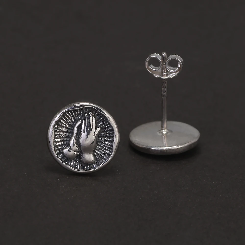 925 Sterling Silver Christian Stud Earrings for Men Women Prayer Hand Round Shaped Hip Hop Punk Ear Stud Fashion Retro Jewelry