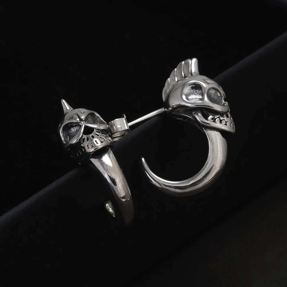 925 Sterling Silver Gothic Skull Hook Stud Earrings for Men Women Vintage Retro Hip Hop Street Party Jewelry Accessories