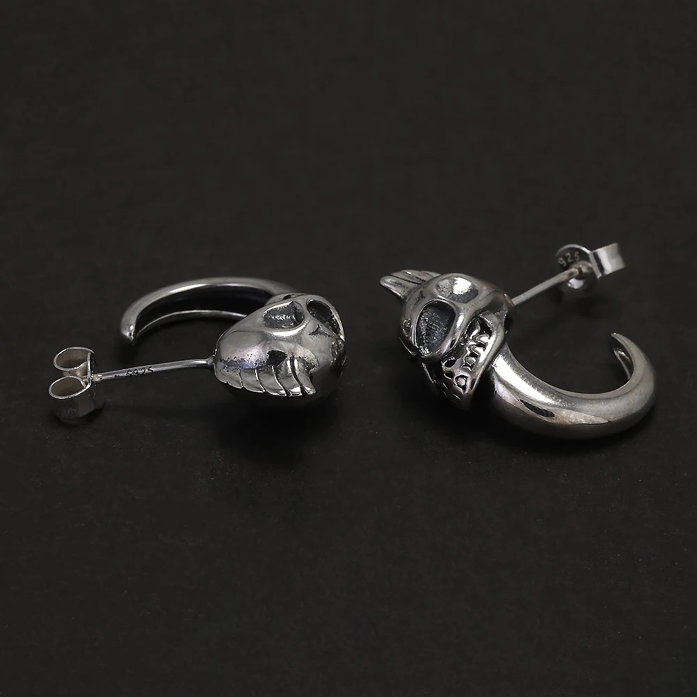 925 Sterling Silver Gothic Skull Hook Stud Earrings for Men Women Vintage Retro Hip Hop Street Party Jewelry Accessories