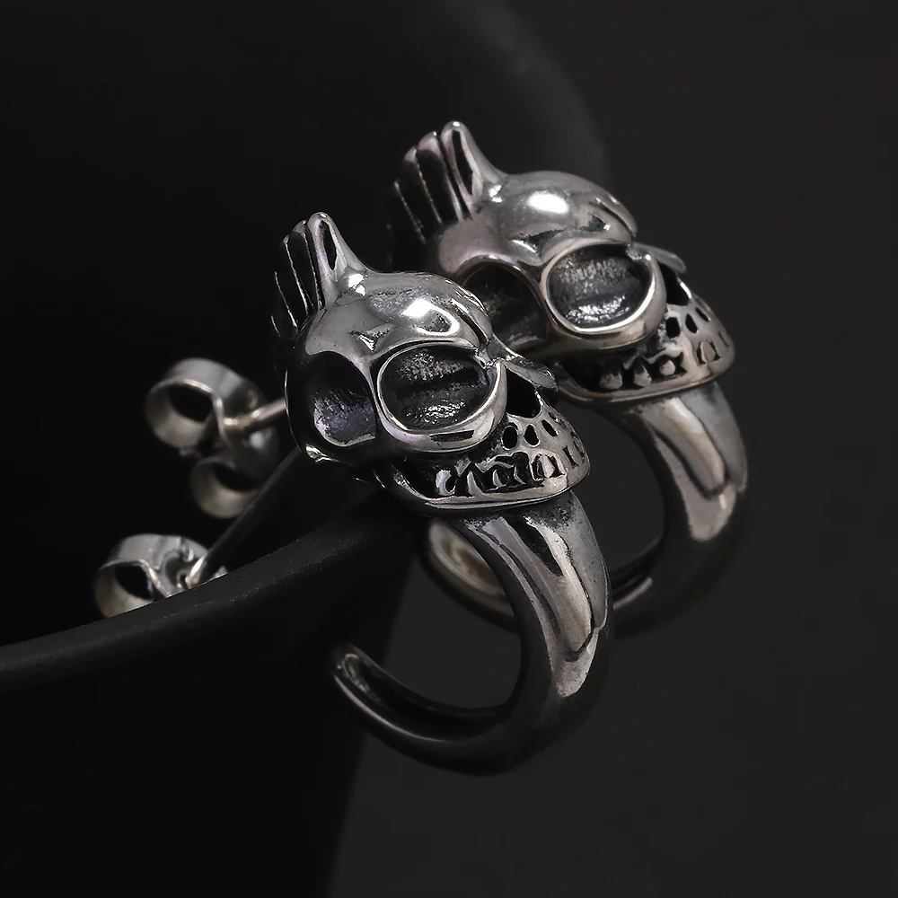 925 Sterling Silver Gothic Skull Hook Stud Earrings for Men Women Vintage Retro Hip Hop Street Party Jewelry Accessories