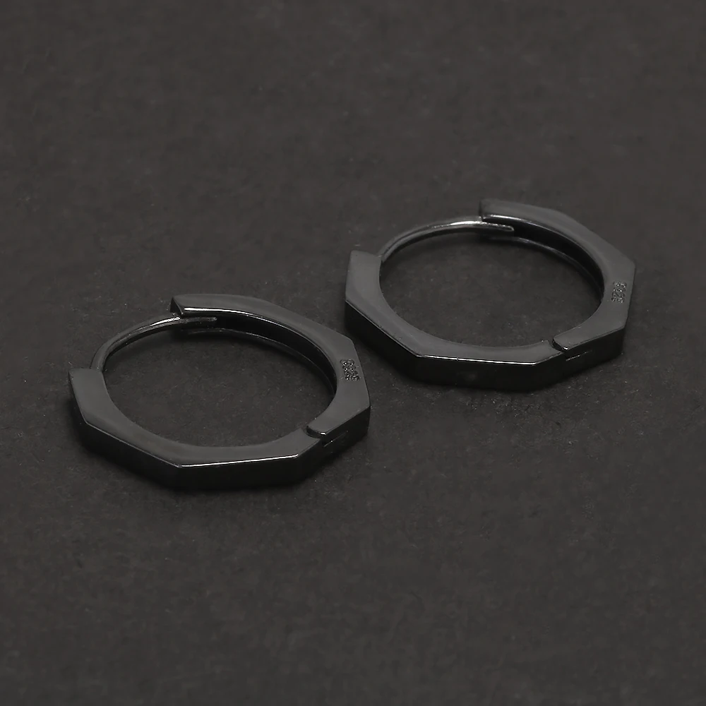 925 Sterling Silver Geometric Octagon Huggie Earrings for Men Women Punk Retro Oxidized Black Small Hoop Earrings Ear Jewelry