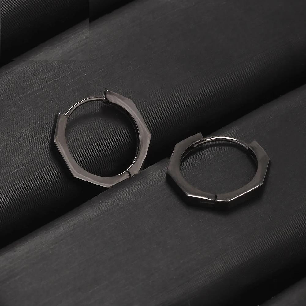 925 Sterling Silver Geometric Octagon Huggie Earrings for Men Women Punk Retro Oxidized Black Small Hoop Earrings Ear Jewelry