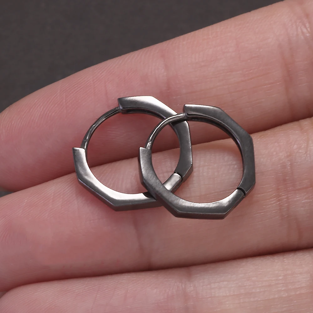 925 Sterling Silver Geometric Octagon Huggie Earrings for Men Women Punk Retro Oxidized Black Small Hoop Earrings Ear Jewelry