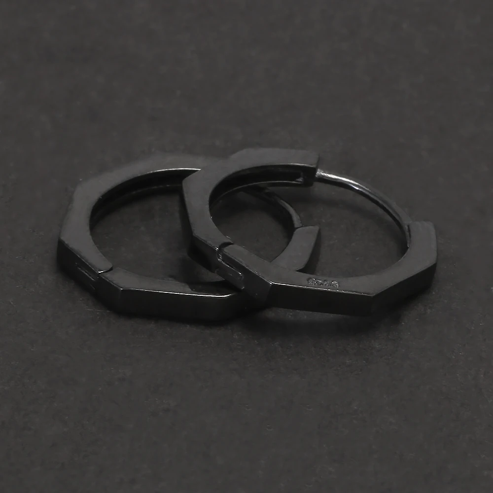 925 Sterling Silver Geometric Octagon Huggie Earrings for Men Women Punk Retro Oxidized Black Small Hoop Earrings Ear Jewelry