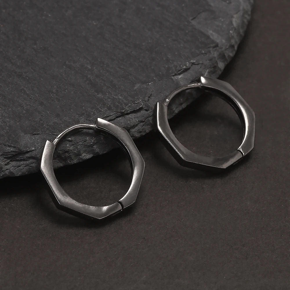 925 Sterling Silver Geometric Octagon Huggie Earrings for Men Women Punk Retro Oxidized Black Small Hoop Earrings Ear Jewelry