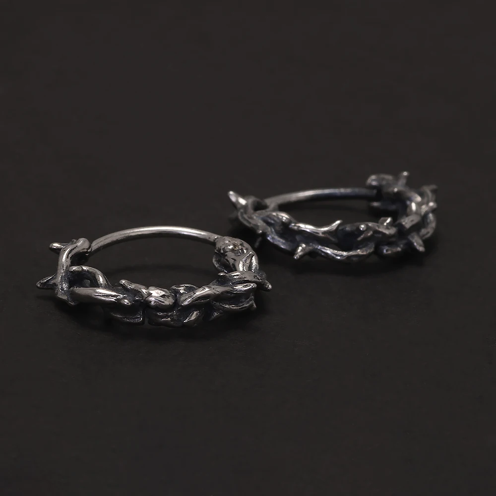 925 Sterling Silver Gothic Thorn Huggie Earrings for Men Women Punk Retro Cool Spiky Hoop Earrings Hip-hop Party Y2K Jewelry