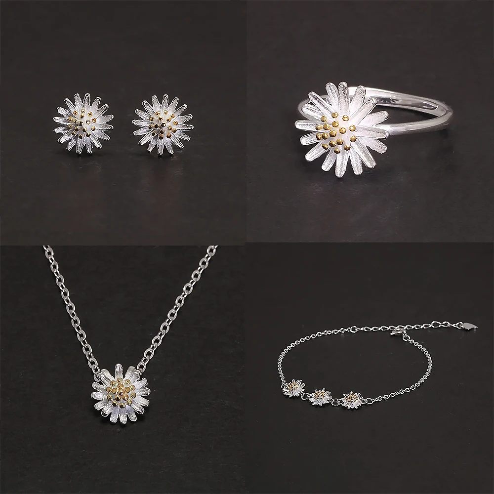 925 Sterling Silver Daisy Stud Earrings Ring Necklace Bracelet Jewelry Set for Women Fashion Trendy Cute Jewelry