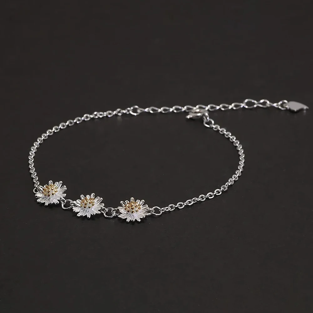 925 Sterling Silver Daisy Stud Earrings Ring Necklace Bracelet Jewelry Set for Women Fashion Trendy Cute Jewelry