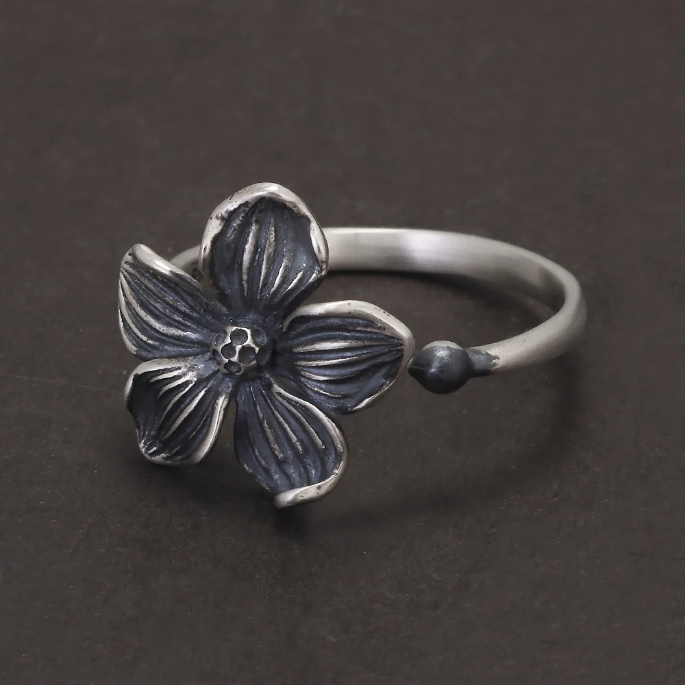 925 Sterling Silver Vintage Sakura Ring for Women Thai Silver Cherry Blossom Open Rings New Fashion Handmade Jewelry