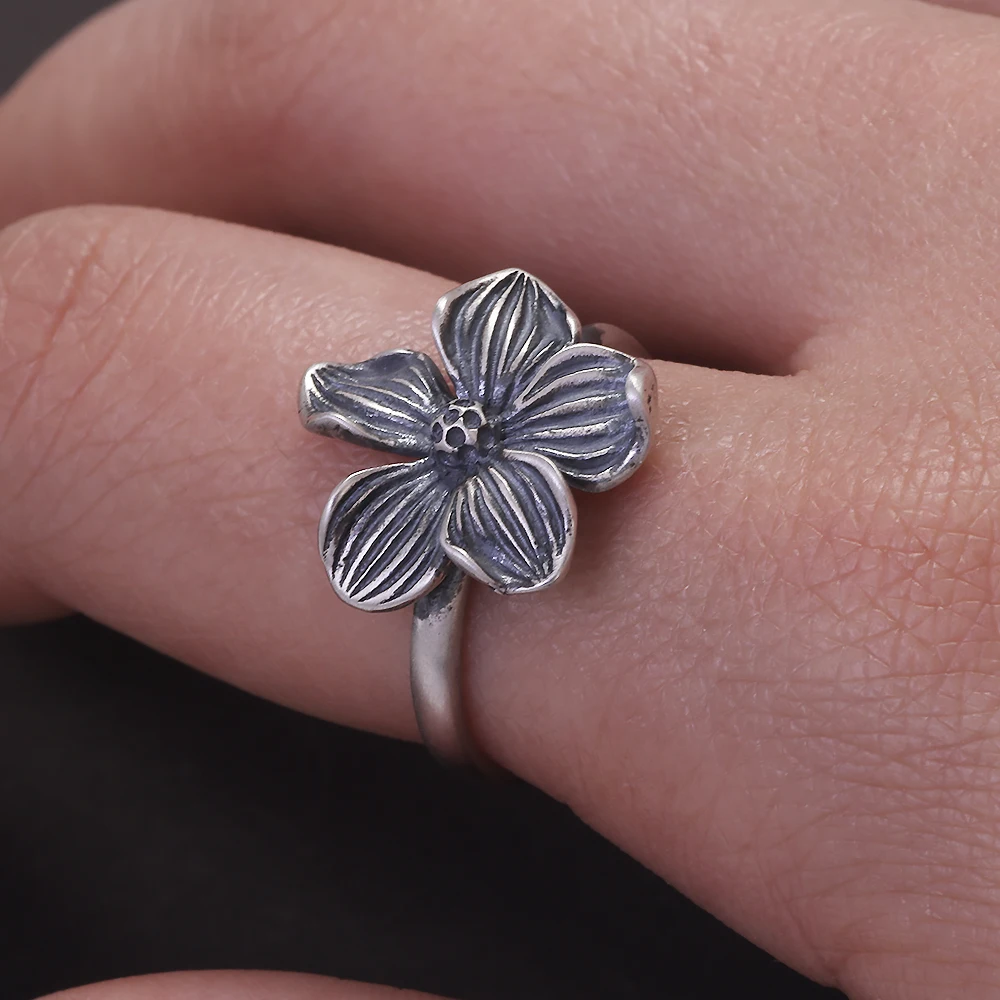 925 Sterling Silver Vintage Sakura Ring for Women Thai Silver Cherry Blossom Open Rings New Fashion Handmade Jewelry