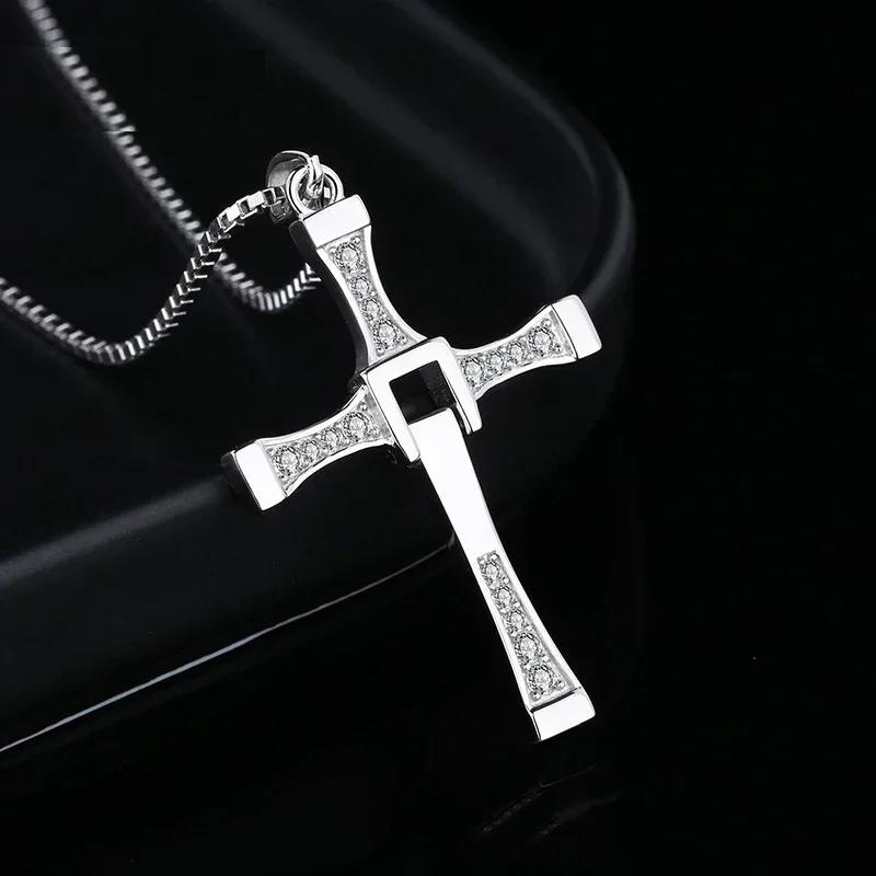 Fast and Furious Cross Pendant Necklace for Men S925 Sterling Silver Inlaid Zircon Rotatable Fashion Punk Rock Style