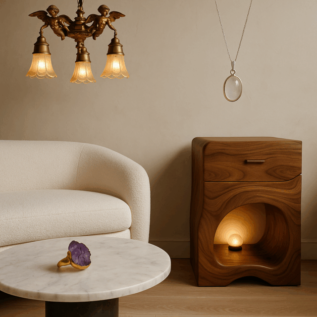 A modern living room corner featuring a sculptural wooden nightstand with built-in lighting, a marble coffee table topped with an amethyst ring, a white boucle sofa, a vintage brass chandelier with angel details, and a hanging moonstone pendant against a neutral wall.