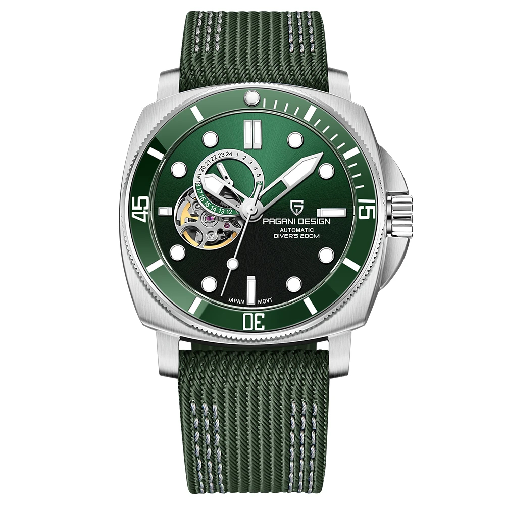 Three Pagani Design PD-1736 automatic diver watches in navy blue, black, and green with open-heart dial, ceramic bezel, NATO straps, and luminous markers.