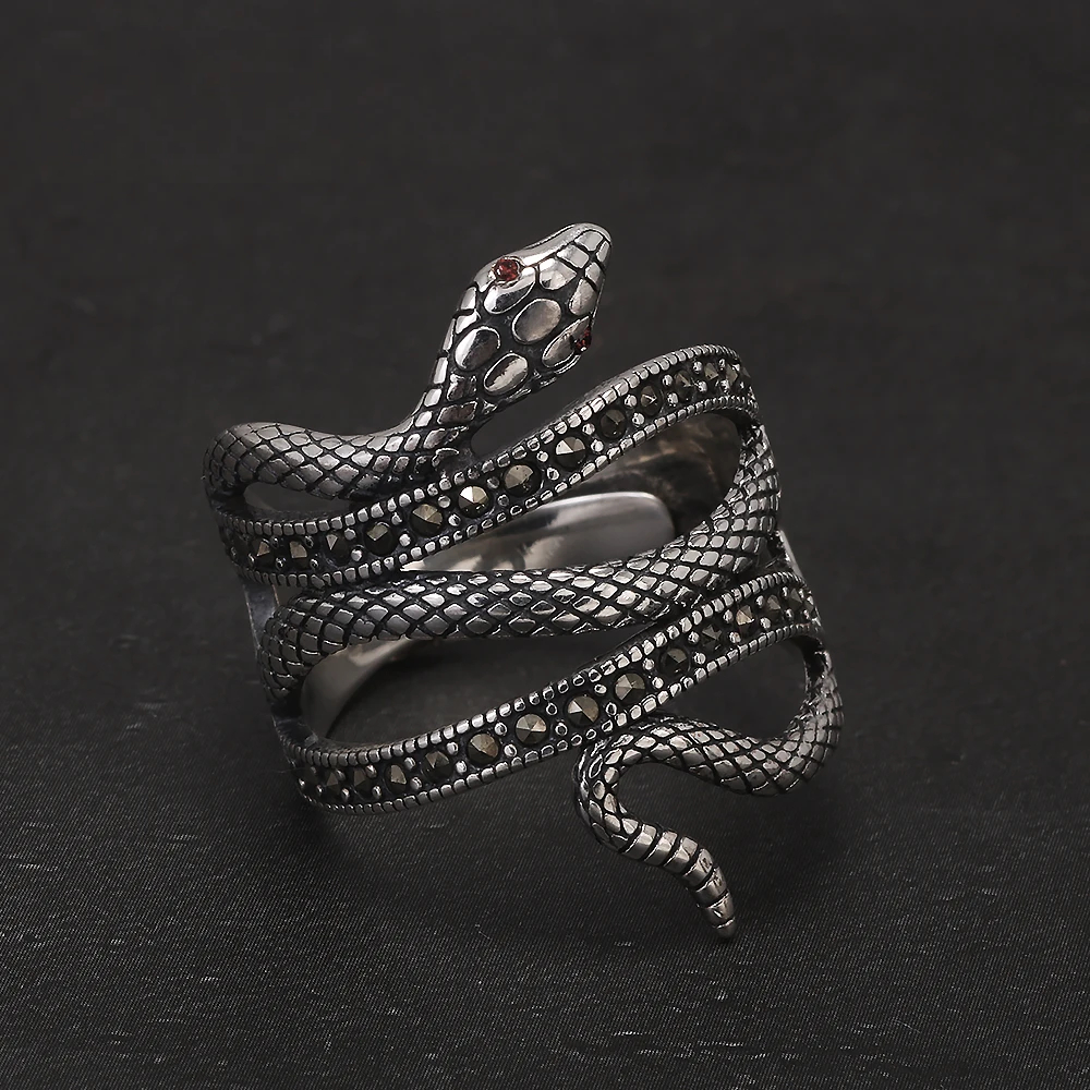 925 Sterling Silver Gothic Snake Ring with Red Zircon Eyes and Hematite Accents – Adjustable Wrap Band