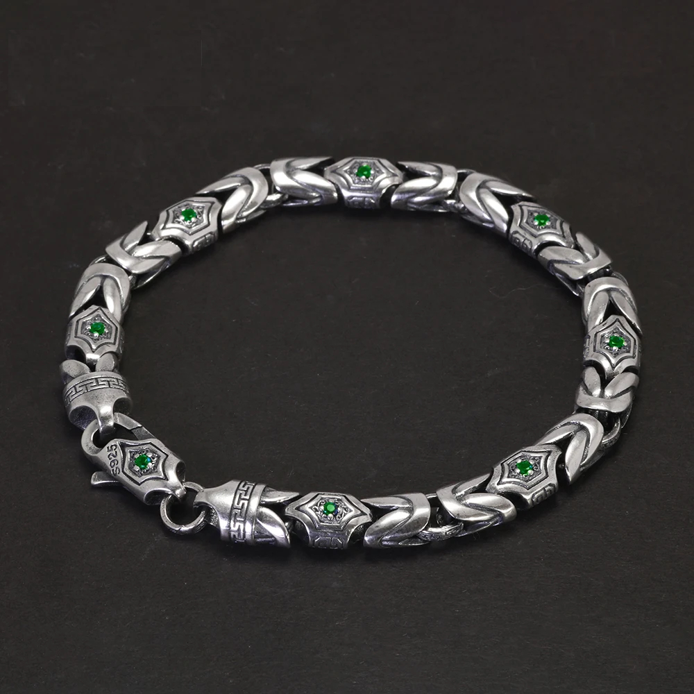 Men’s 925 Sterling Silver Byzantine Bracelet with Green Zircon – Vintage Punk Jewelry