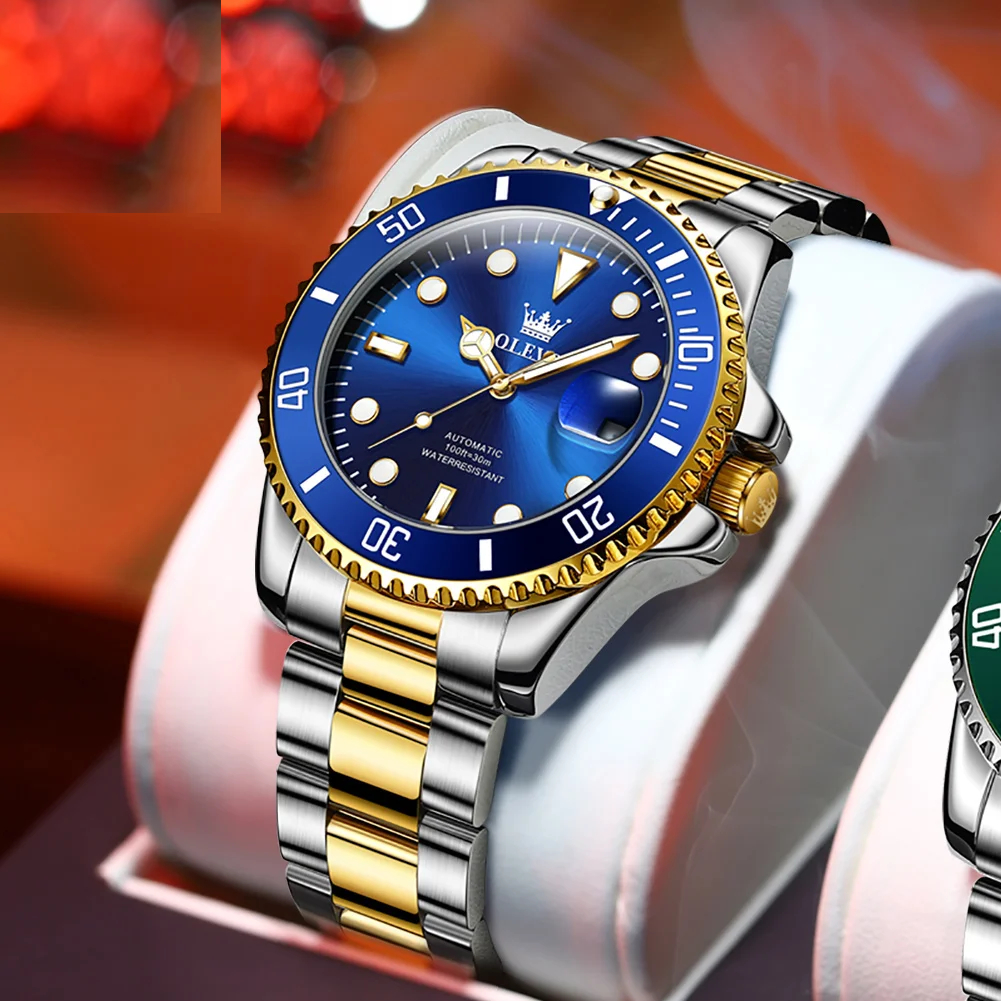 OLEVS 6650 men’s automatic mechanical watch with stainless steel bracelet, luminous dial, complete calendar display, and Hardlex crystal.