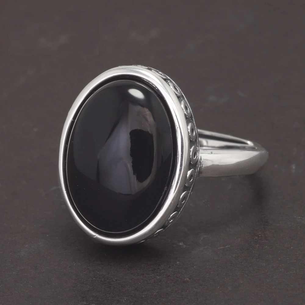 Vintage 925 Sterling Silver Oval Black Agate Ring – Unisex Adjustable Band
