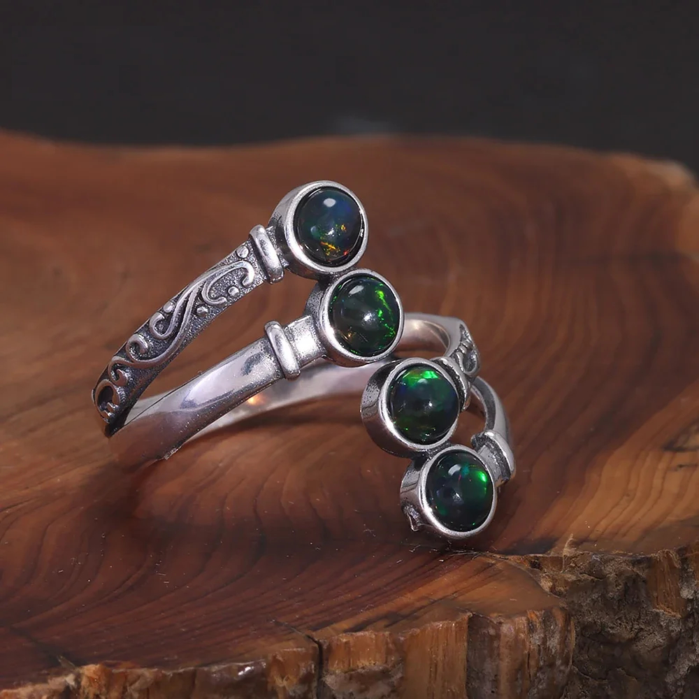Vintage 925 sterling silver adjustable opal ring with triple stone wrap design