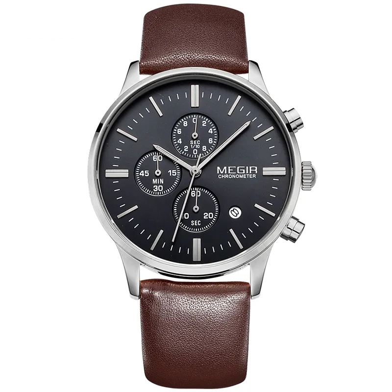 MEGIR Men’s Chronograph Watch with black dial and leather strap
