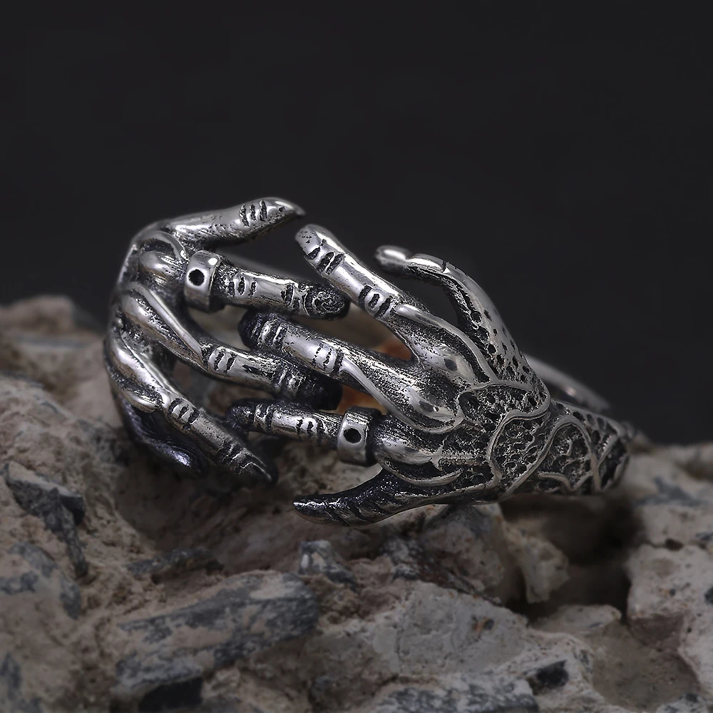 925 Sterling Silver Skeleton Hand Ring – Gothic Punk Adjustable Band