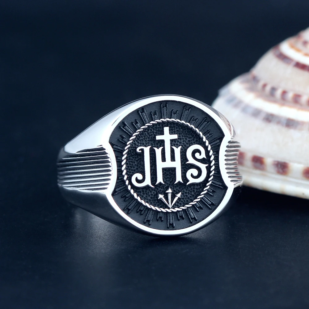 Two sterling silver Christian JHS rings with IHS Christogram and Cross design, shown in Light Black and Dark Black antique finishes