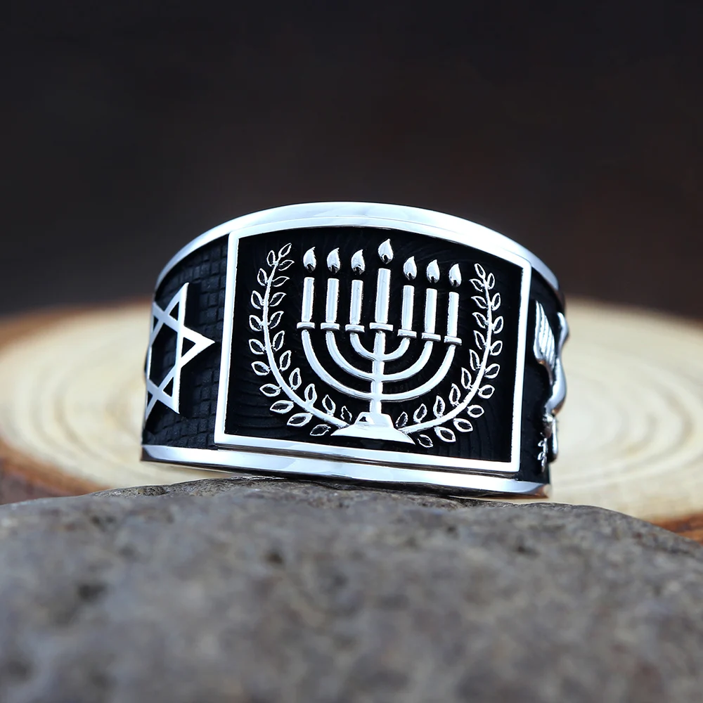 Men’s Sterling Silver Jewish Ring – Menorah, Star of David & Dove Symbols