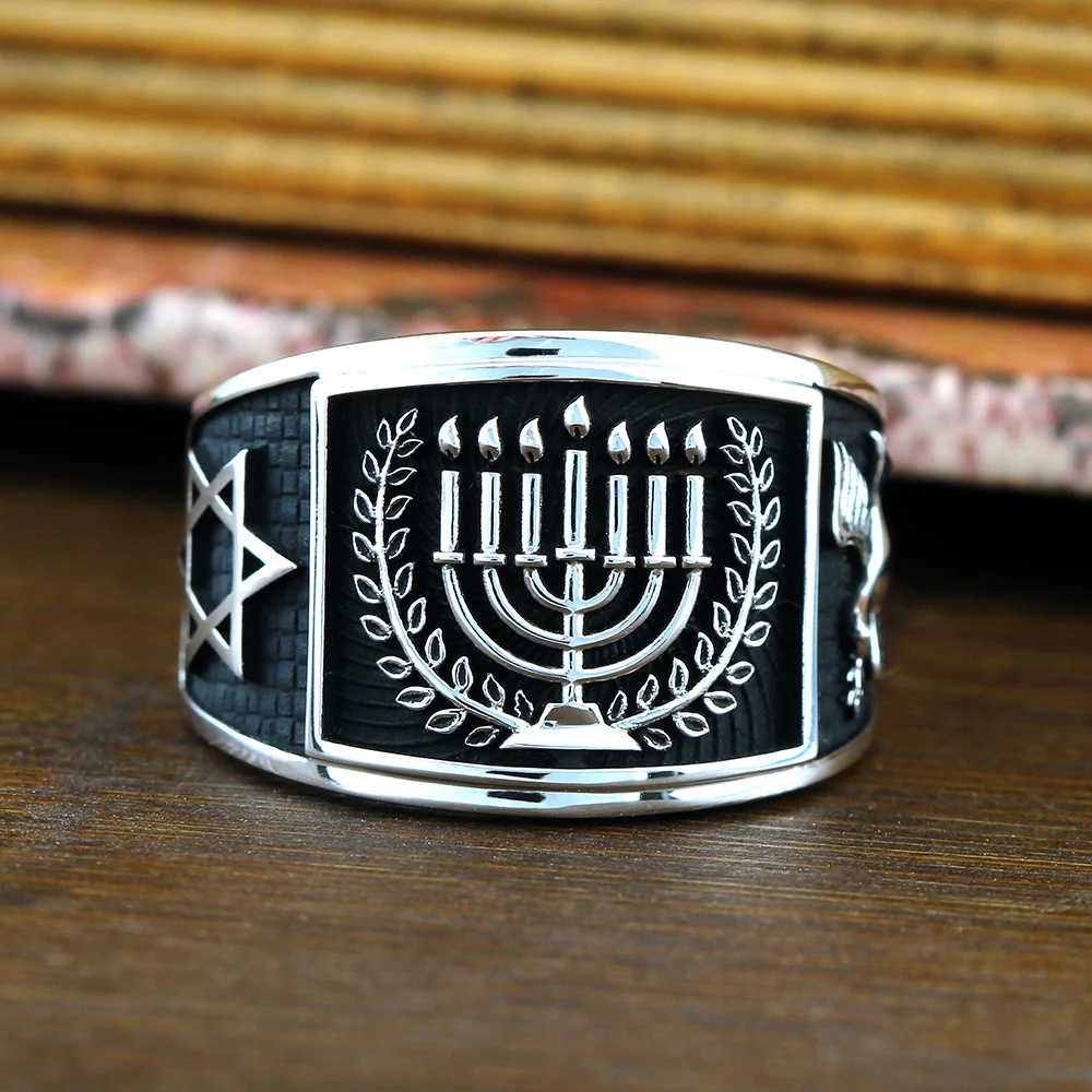 Classical Hebrew Menorah Hanukkah David Star Peace Dove Silver Ring