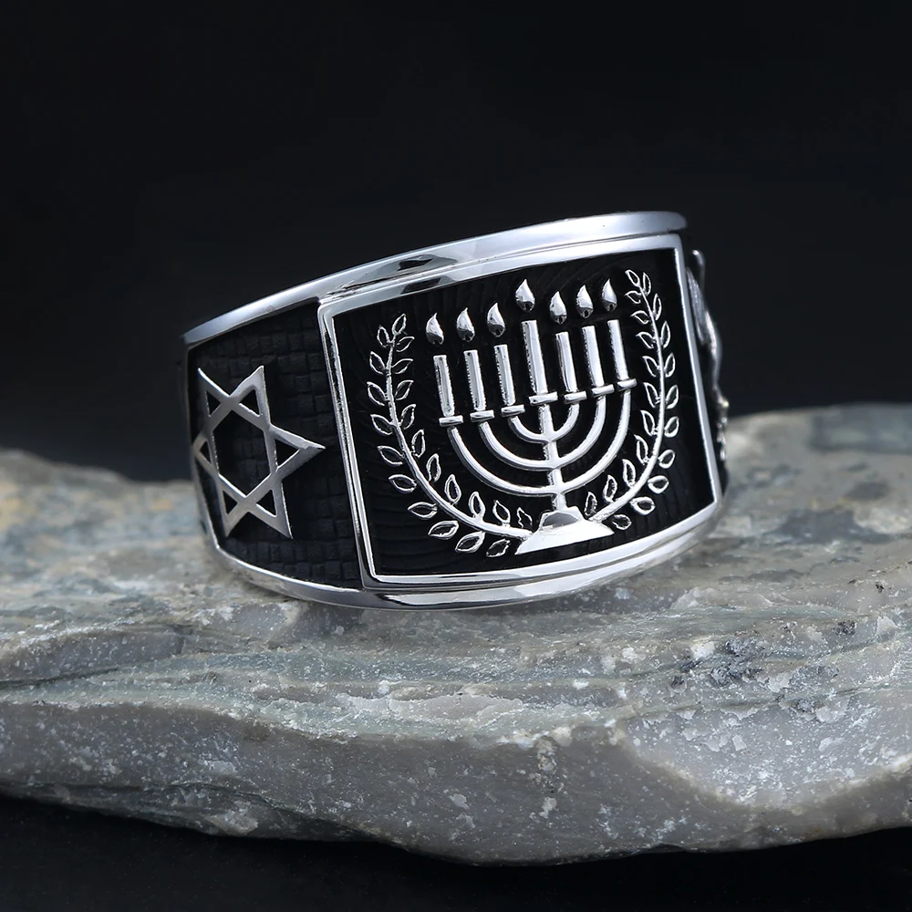 Classical Hebrew Menorah Hanukkah David Star Peace Dove Silver Ring