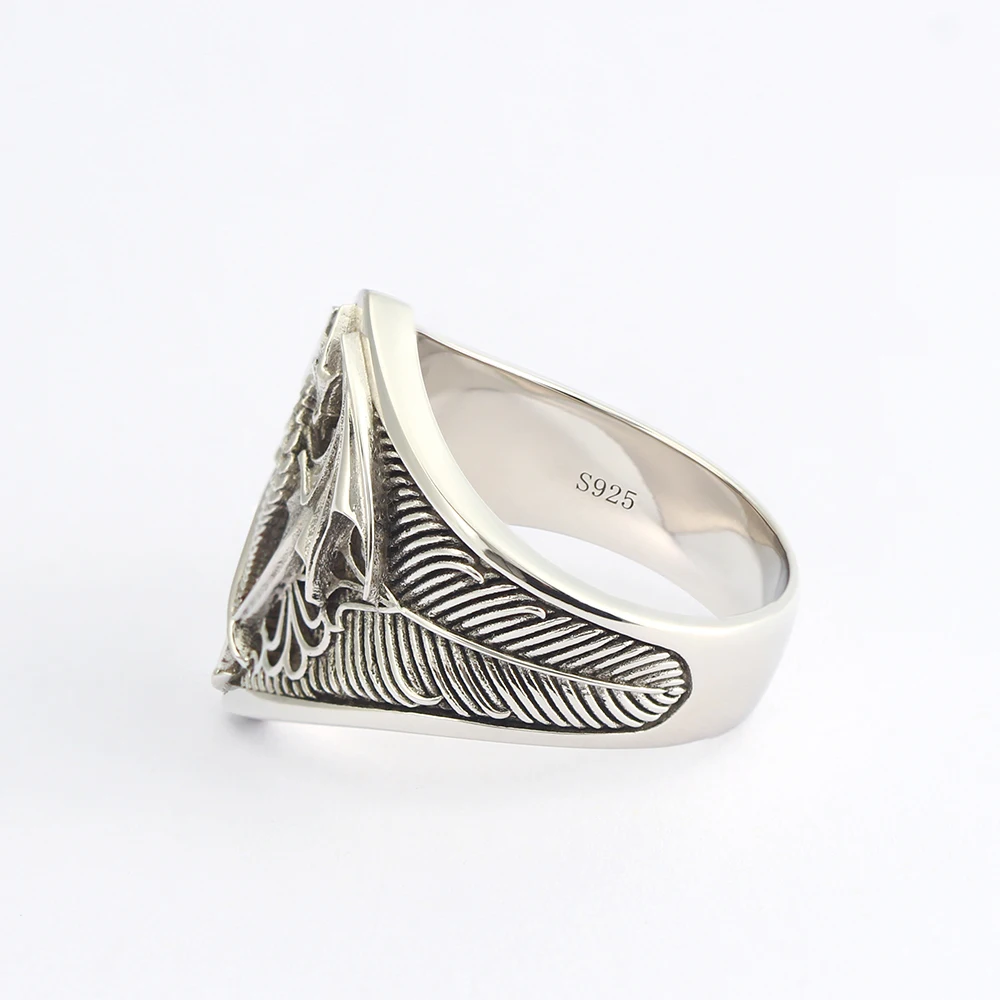 Flying Dragon Signet Vinking Drachen Signet  Unique Biker Gothic Signet Mens 925k Sterling Silver Ring