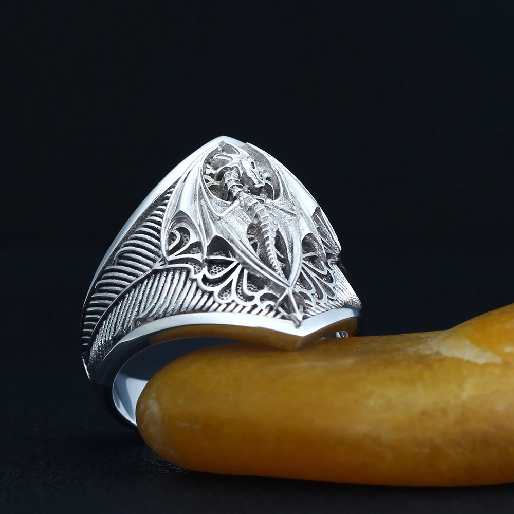 Flying Dragon Signet Vinking Drachen Signet  Unique Biker Gothic Signet Mens 925k Sterling Silver Ring