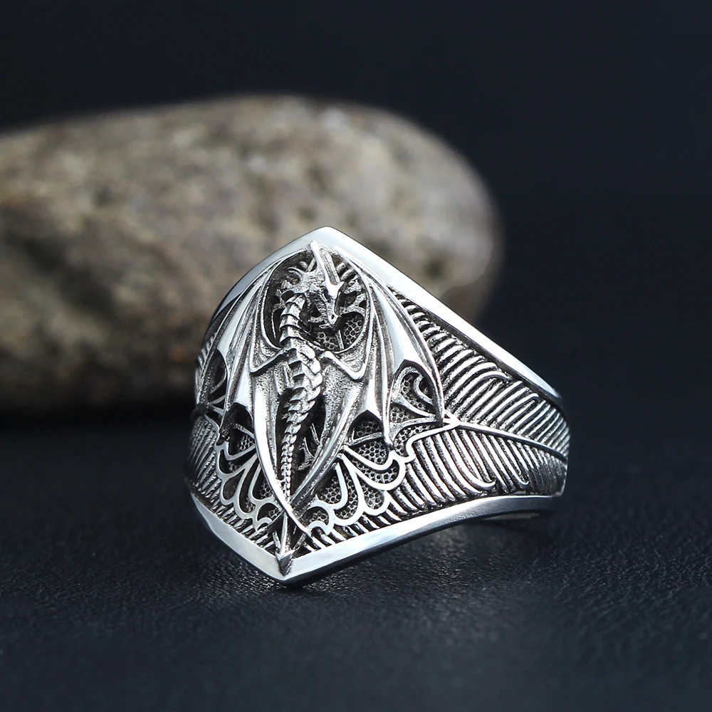 Flying Dragon Signet Vinking Drachen Signet  Unique Biker Gothic Signet Mens 925k Sterling Silver Ring