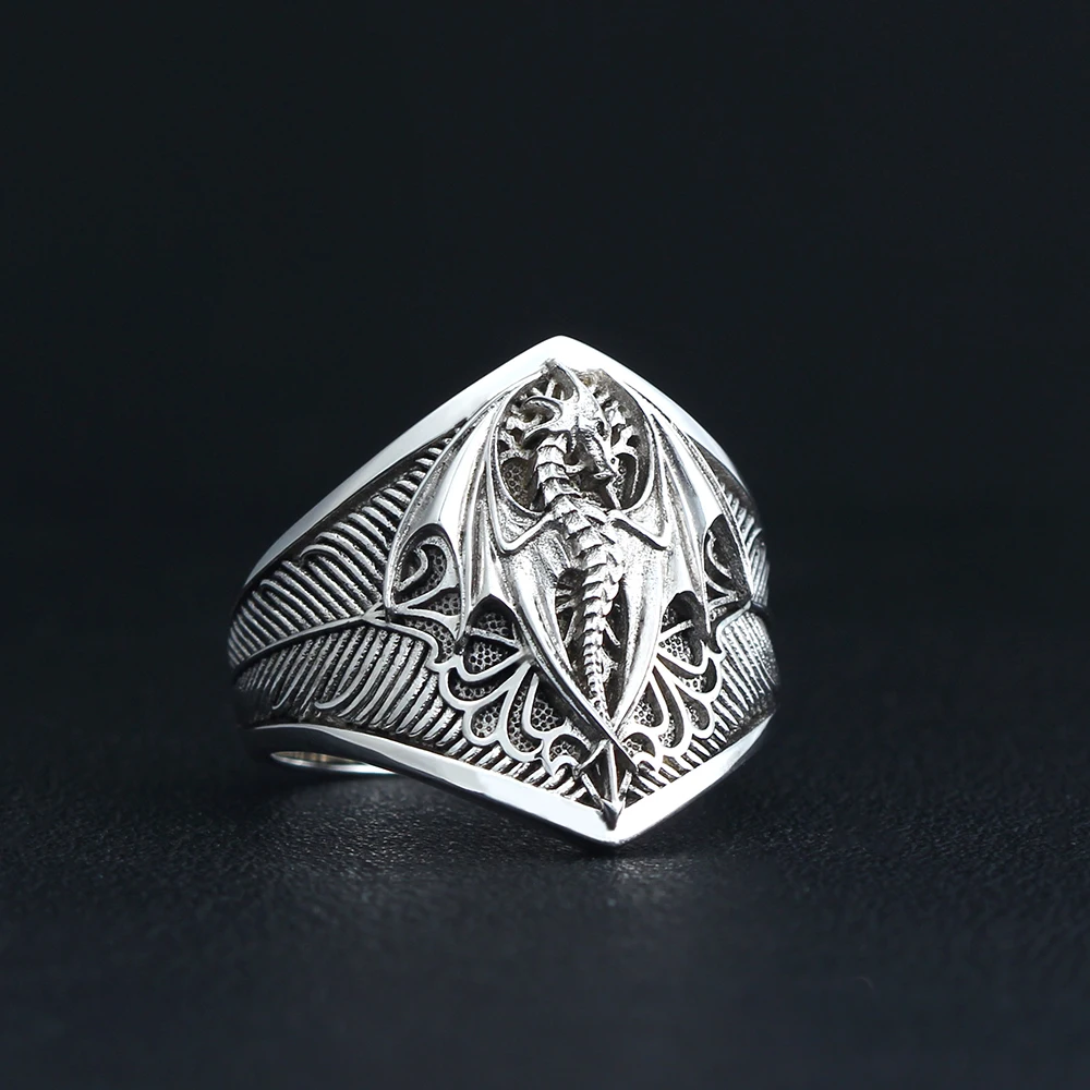 Flying Dragon Signet Vinking Drachen Signet  Unique Biker Gothic Signet Mens 925k Sterling Silver Ring