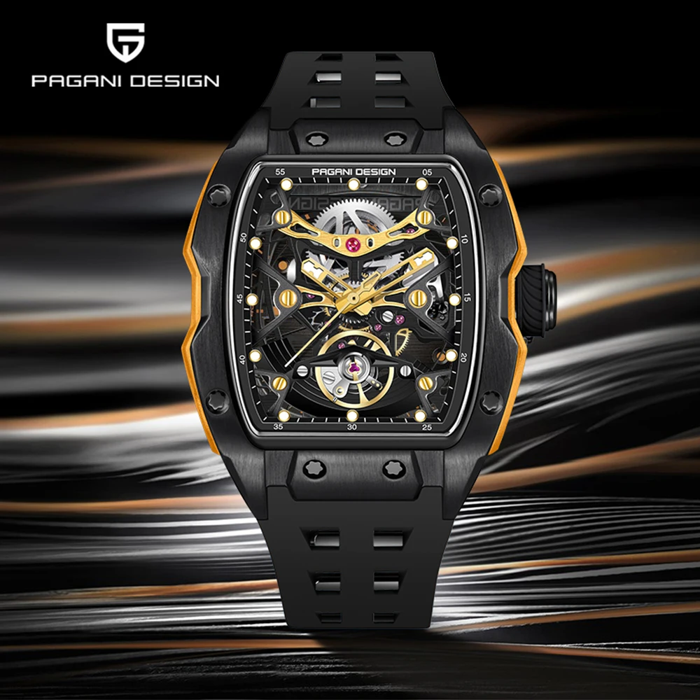 Pagani Design PD-YS018 tonneau skeleton mechanical watches in blue, silver/black, silver/teal, black/red, and black/gold with sapphire crystal and silicone straps.