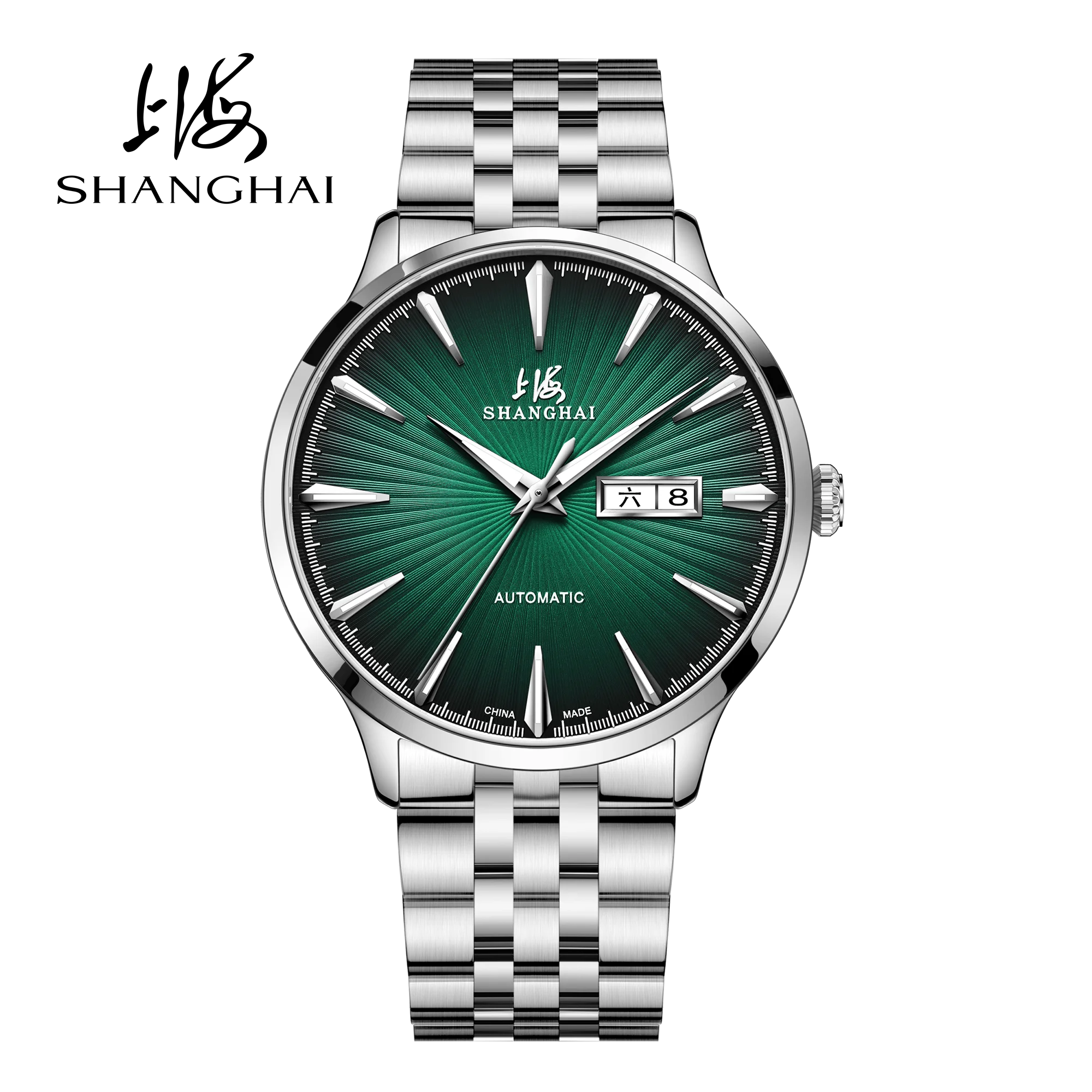 Shanghai SH3085 automatic mechanical watch with double calendar, 316L stainless steel bracelet, sapphire crystal, and luminous hands – available in six colors.