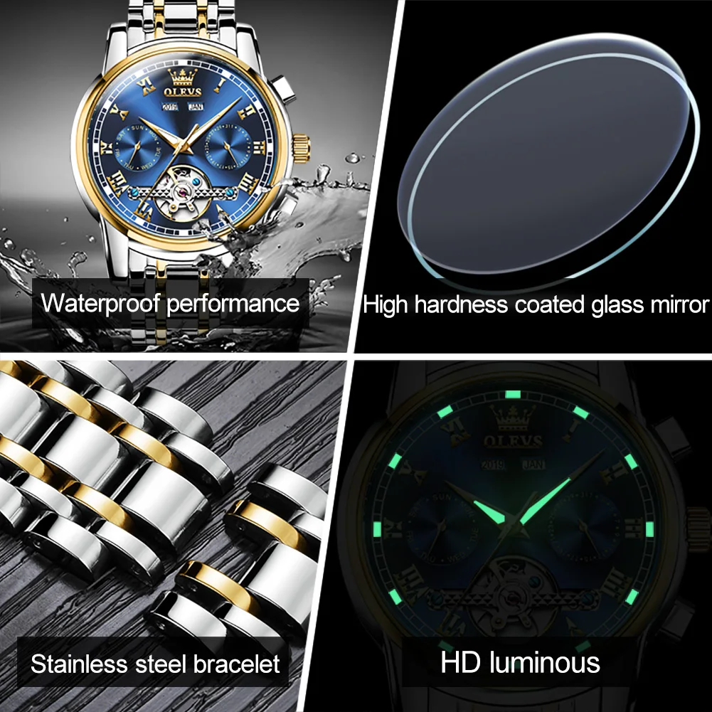 OLEVS 6607 Men's Watches Automatic Mechanical Business Wristwatch Waterproof Stainless Steel Strap Watch for Man Skeleton Calendar