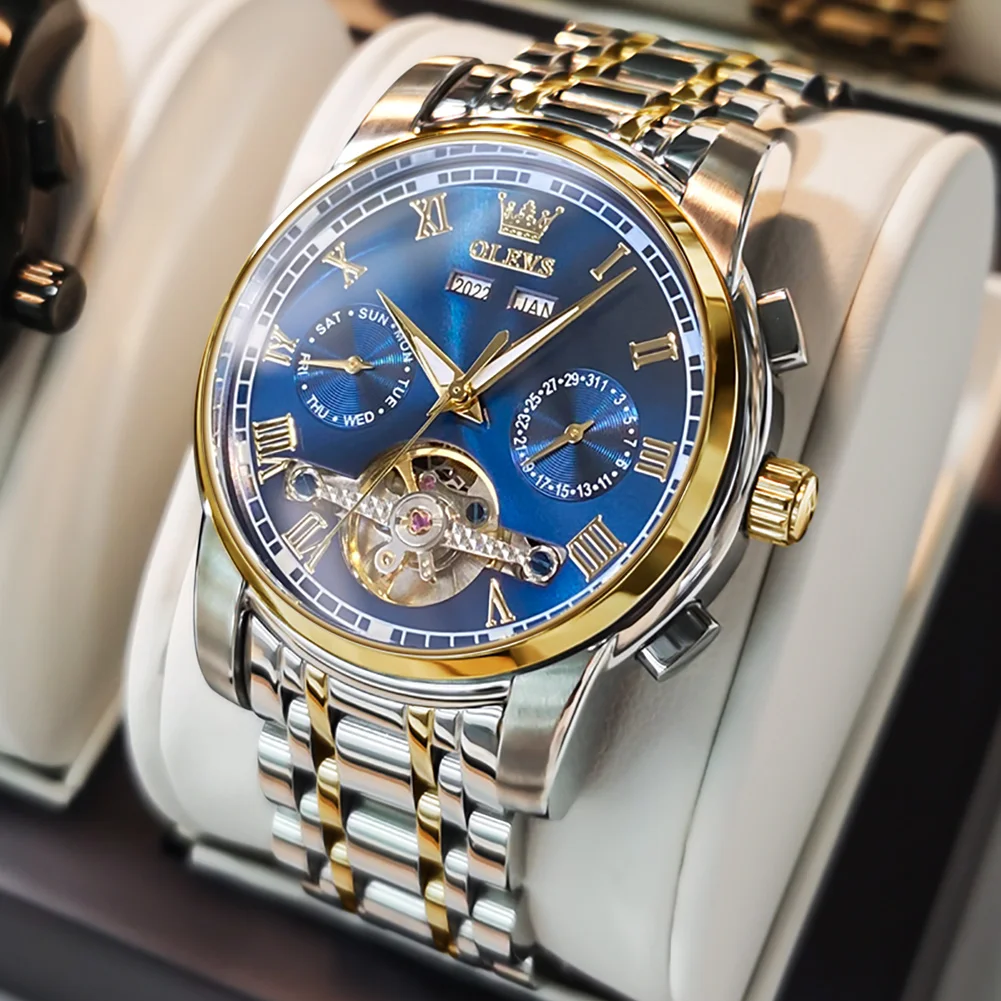 “OLEVS 6607 men’s automatic skeleton flywheel watch with stainless steel bracelet, multi-function calendar, luminous display, and scratch-resistant glass.