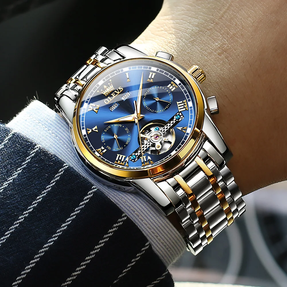 OLEVS 6607 Men's Watches Automatic Mechanical Business Wristwatch Waterproof Stainless Steel Strap Watch for Man Skeleton Calendar