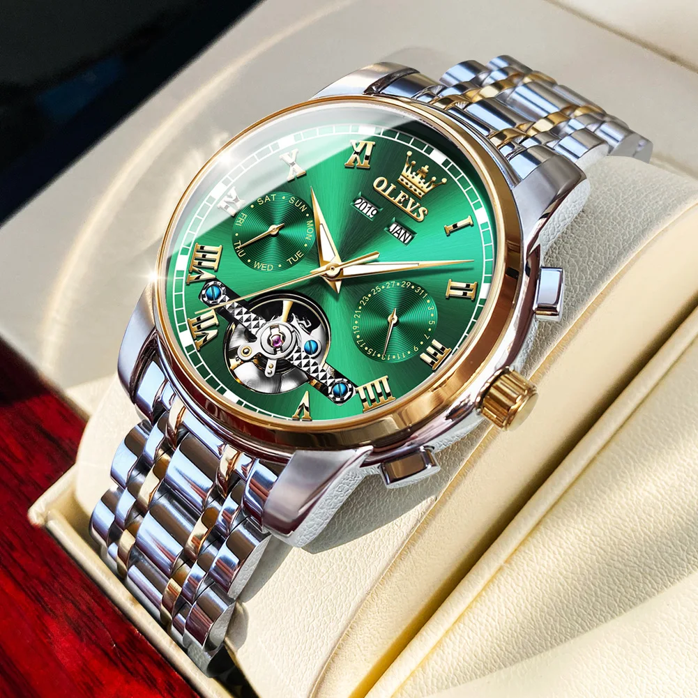 OLEVS 6607 Men's Watches Automatic Mechanical Business Wristwatch Waterproof Stainless Steel Strap Watch for Man Skeleton Calendar